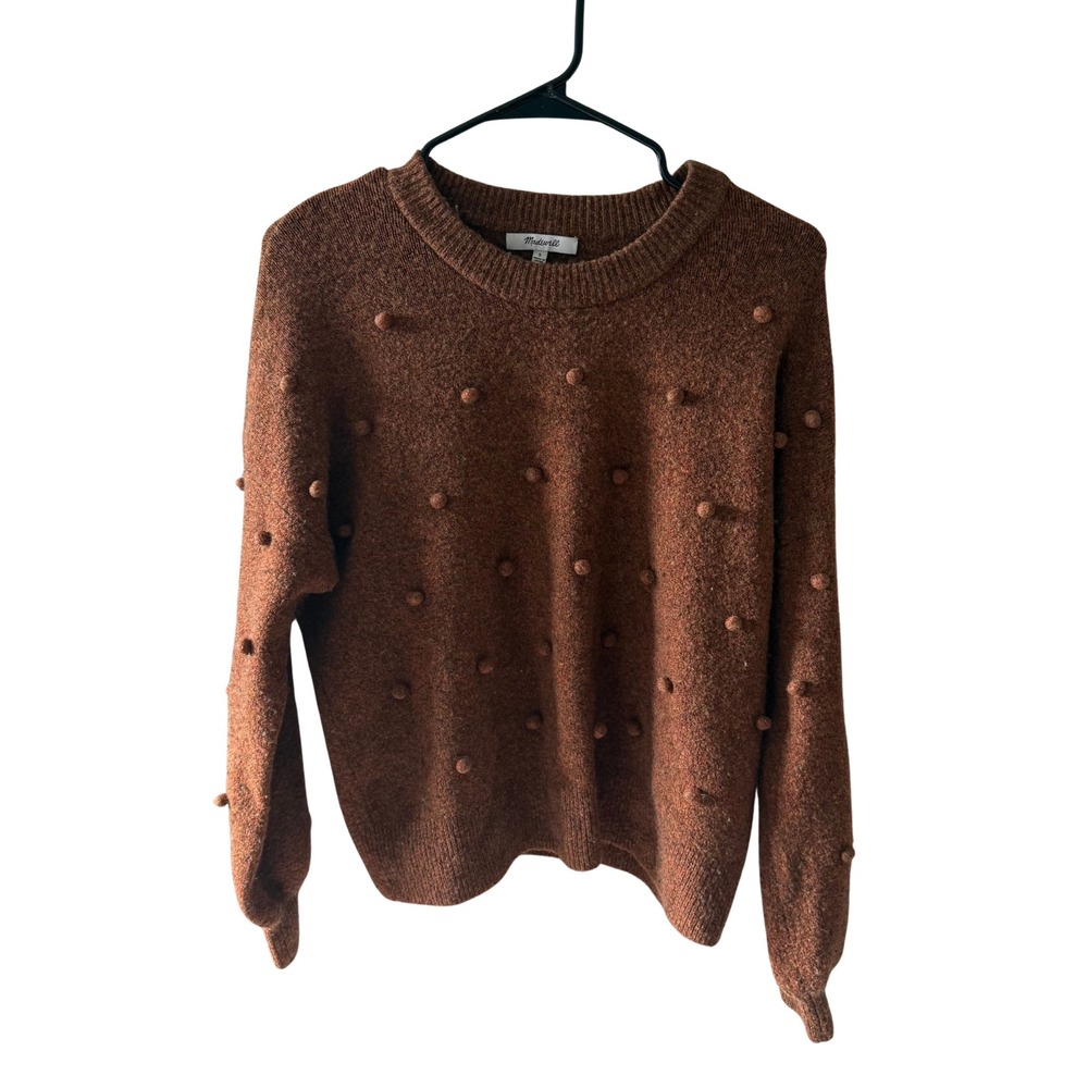 Madewell Bobble Pullover Sweater Rust Brown Merino Wool Blend Pom Pom Small